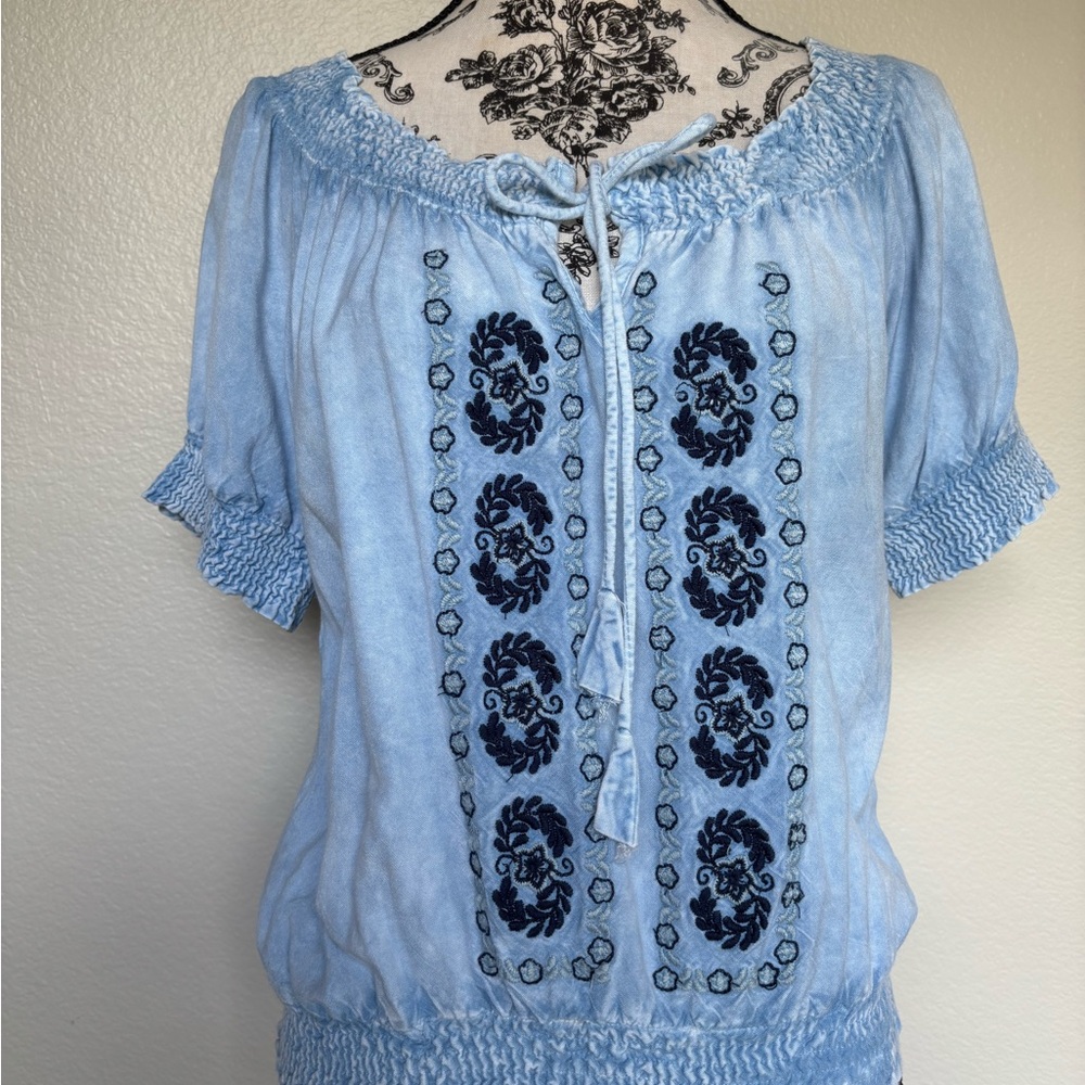 Smocked Light Blue Embroidered Peasant Blouse - Picture 9 of 13